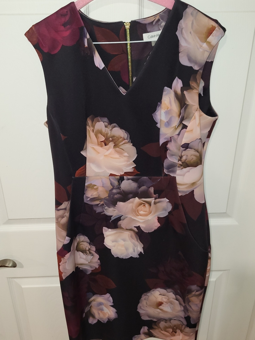 Calvin Klein Black Floral Midi Dress with Blush and Cream Roses